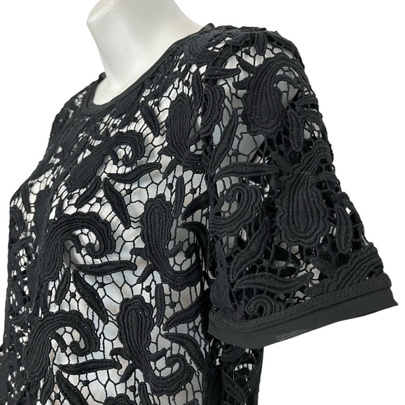 Ann Taylor LOFT Black Paisley Crochet Short Sleeve Sheer Top Blouse Shirt sz M - Picture 3 of 16